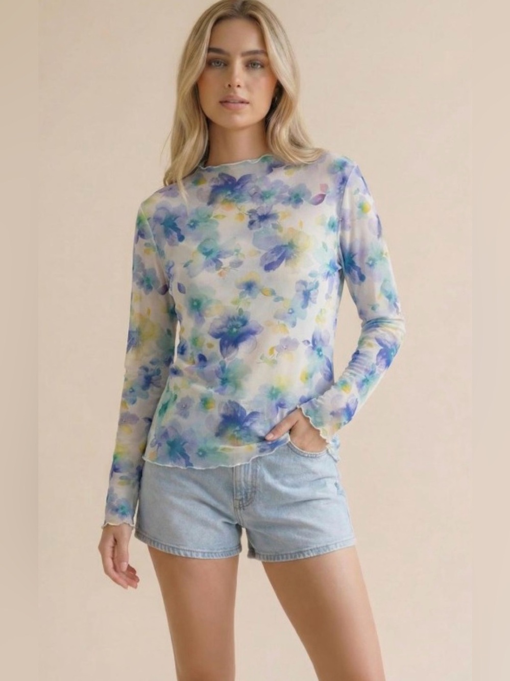 Floral Watercolor Mesh Long-Sleeve Top in Blue